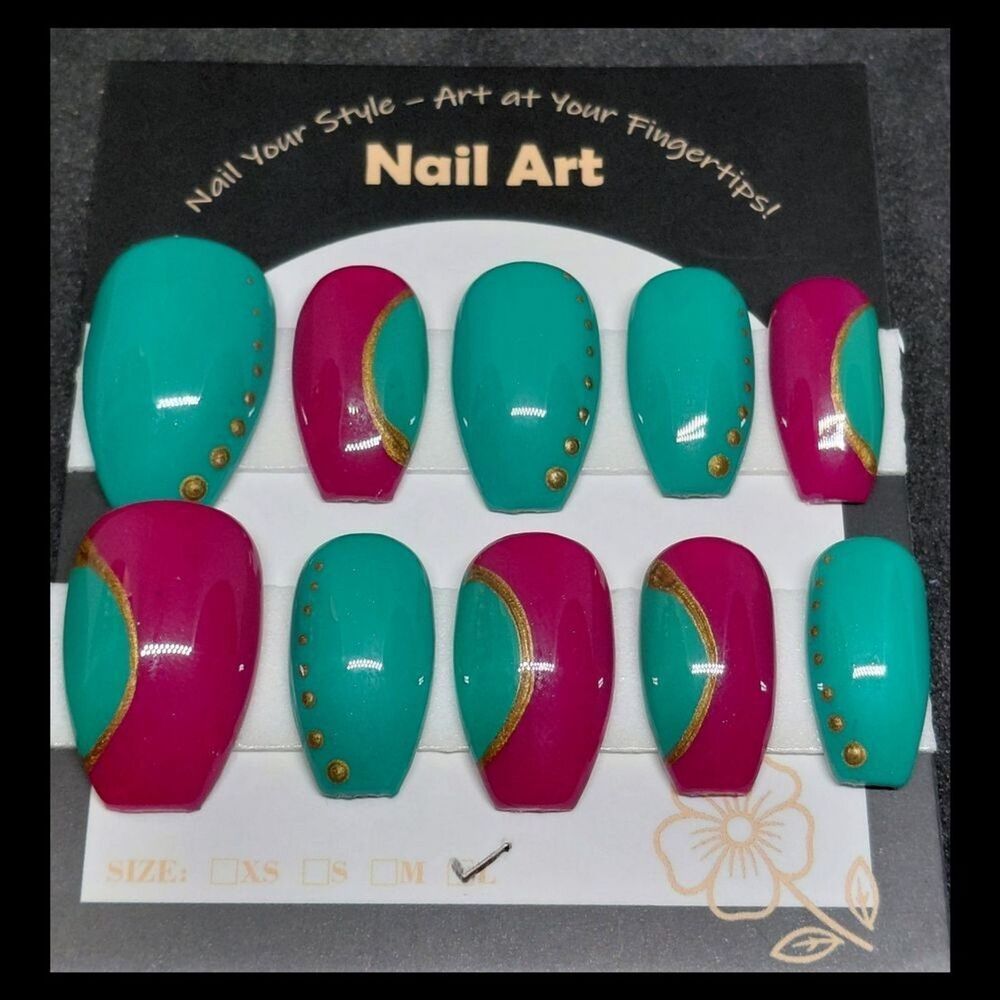 4/$40 ***Summer Sale***Teal and Pink Hard Gel Press on Nails